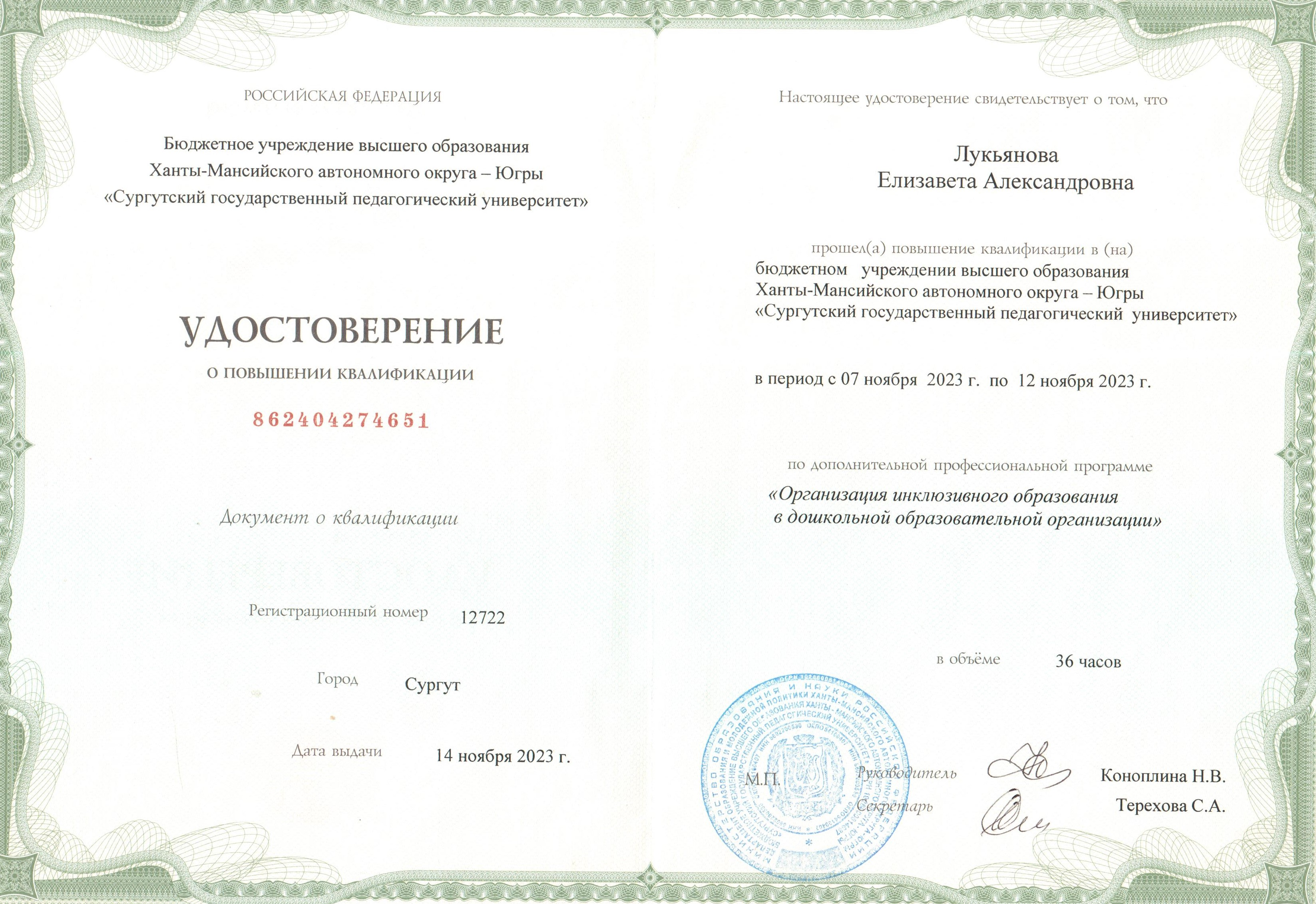 «Организация инклюзивного образования в дошкольной организации», г. Сургут.